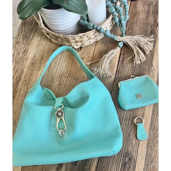 Dooney & Bourke Pebble Grain Logo Lock Sac Handbag Spearmint Tiffany Wallet Key - Picture 1 of 16